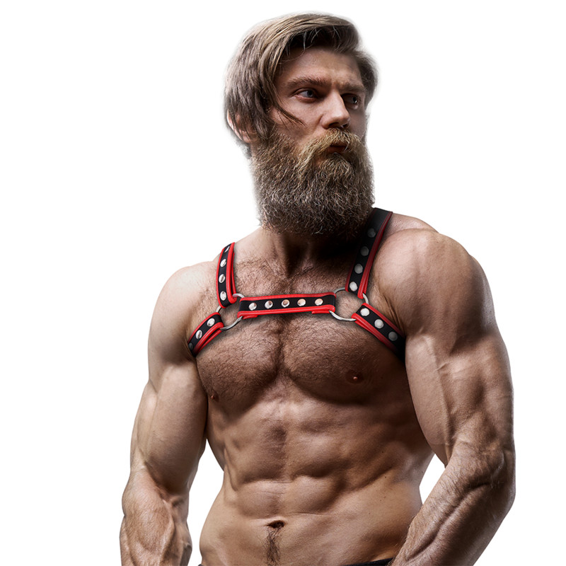 Fetish Submissive – Eco-bőr bulldog hám fekete/piros férfiaknak - Image 3