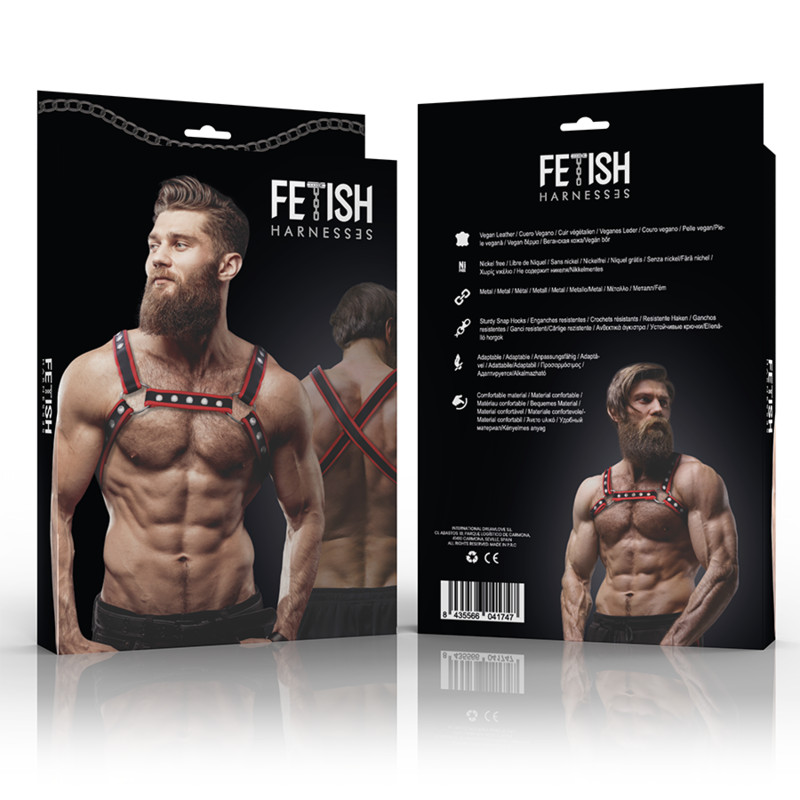 Fetish Submissive – Eco-bőr bulldog hám fekete/piros férfiaknak - Image 4