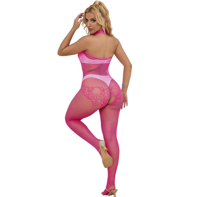 SUBBLIME - csipkés, nyitott bodystocking, magas nyakú, rózsaszín - Image 2