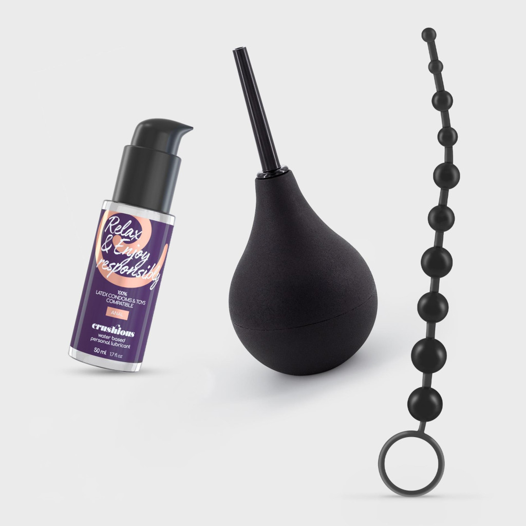 Crushious Anal Thrill análkészlet 90 ml douche, 50 ml síkosító, 10 golyós anál lánc